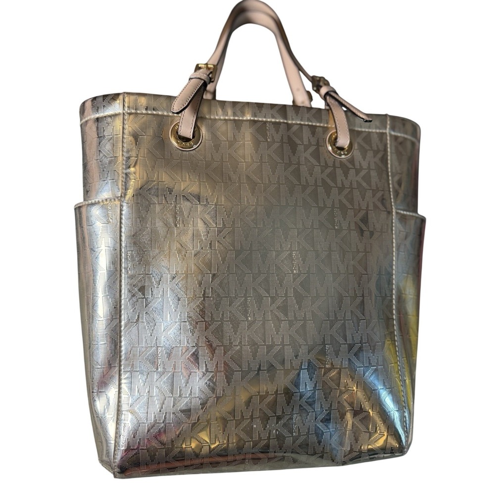 Michael Kors Metallic Gold MK Logo Tote Bag 14x14 Shoulder Purse - Picture 2 of 6